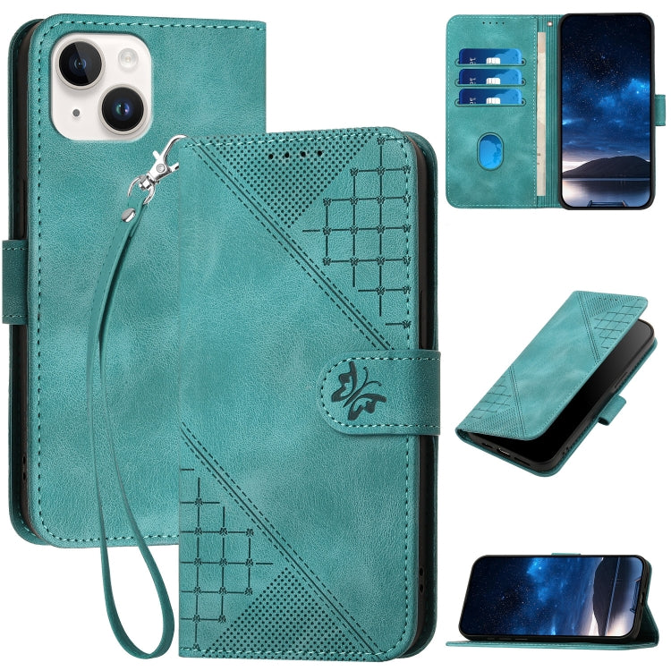 YX0080 Grid Butterfly Embossed Pattern Flip Leather Phone Case with Lanyard, For iPhone 13, For iPhone 13 mini, For iPhone 12 / 12 Pro, For iPhone 12 Pro Max
