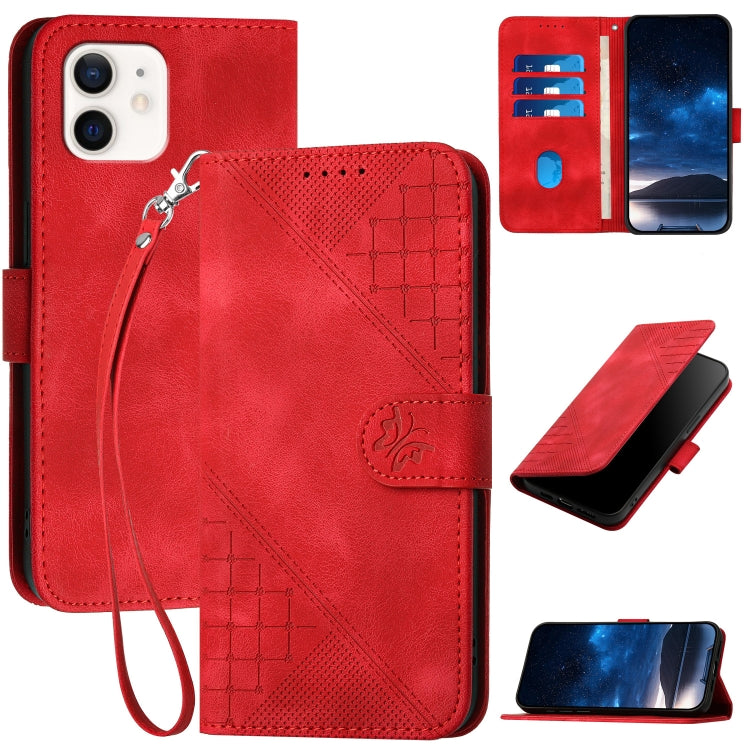 YX0080 Grid Butterfly Embossed Pattern Flip Leather Phone Case with Lanyard, For iPhone 13, For iPhone 13 mini, For iPhone 12 / 12 Pro, For iPhone 12 Pro Max