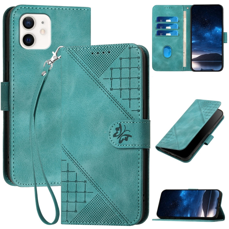 YX0080 Grid Butterfly Embossed Pattern Flip Leather Phone Case with Lanyard, For iPhone 13, For iPhone 13 mini, For iPhone 12 / 12 Pro, For iPhone 12 Pro Max