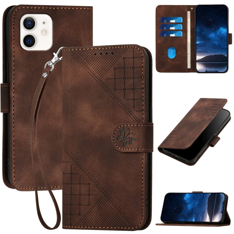 YX0080 Grid Butterfly Embossed Pattern Flip Leather Phone Case with Lanyard, For iPhone 12 mini, For iPhone 11 Pro Max, For iPhone 11, For iPhone 11 Pro