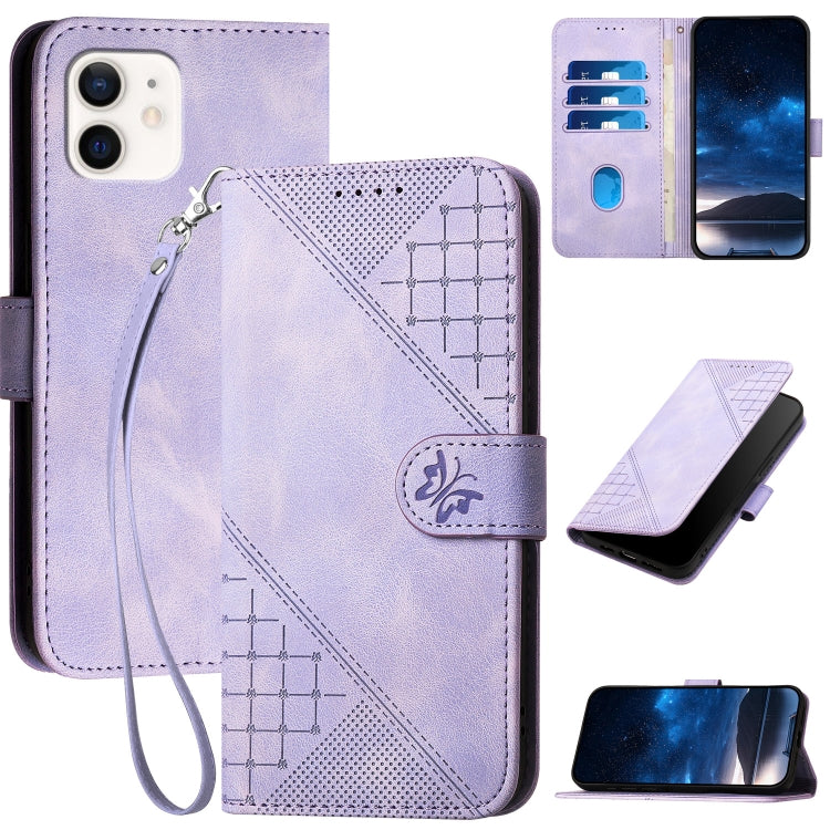YX0080 Grid Butterfly Embossed Pattern Flip Leather Phone Case with Lanyard, For iPhone 12 mini, For iPhone 11 Pro Max, For iPhone 11, For iPhone 11 Pro