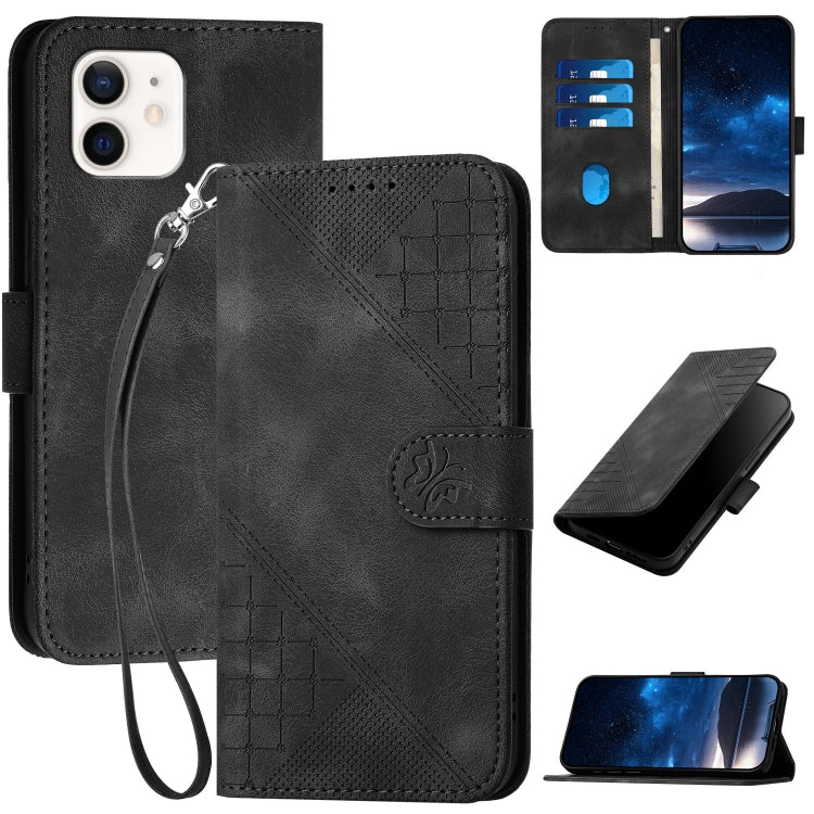YX0080 Grid Butterfly Embossed Pattern Flip Leather Phone Case with Lanyard, For iPhone 12 mini, For iPhone 11 Pro Max, For iPhone 11, For iPhone 11 Pro