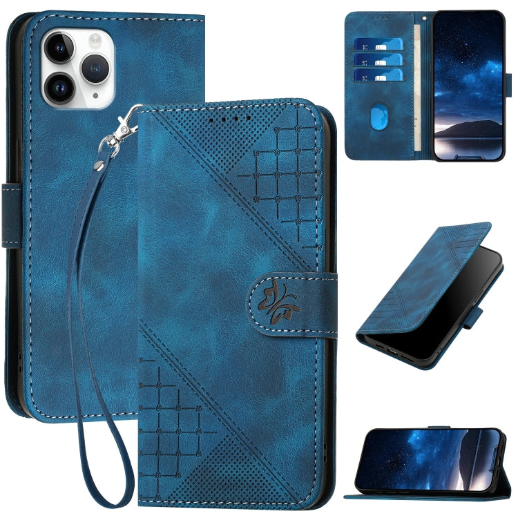 YX0080 Grid Butterfly Embossed Pattern Flip Leather Phone Case with Lanyard, For iPhone 12 mini, For iPhone 11 Pro Max, For iPhone 11, For iPhone 11 Pro