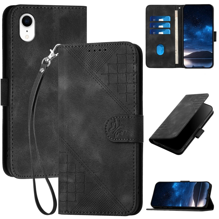 YX0080 Grid Butterfly Embossed Pattern Flip Leather Phone Case with Lanyard, For iPhone XS / X, For iPhone XR, For iPhone XS Max, For iPhone 8 Plus / 7 Plus