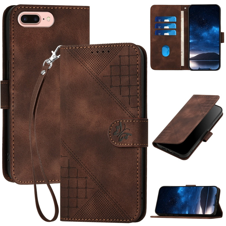 YX0080 Grid Butterfly Embossed Pattern Flip Leather Phone Case with Lanyard, For iPhone XS / X, For iPhone XR, For iPhone XS Max, For iPhone 8 Plus / 7 Plus