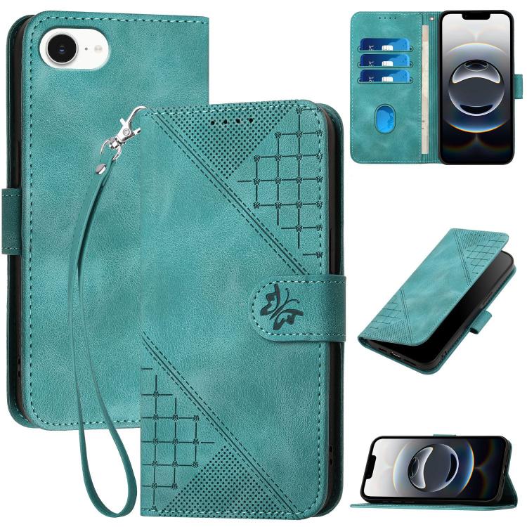 YX0080 Grid Butterfly Embossed Pattern Flip Leather Phone Case with Lanyard, For iPhone 17 Pro Max, For iPhone 17 Pro, For iPhone 17, For iPhone 17 Air