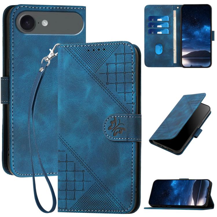 YX0080 Grid Butterfly Embossed Pattern Flip Leather Phone Case with Lanyard, For iPhone 17 Pro Max, For iPhone 17 Pro, For iPhone 17, For iPhone 17 Air