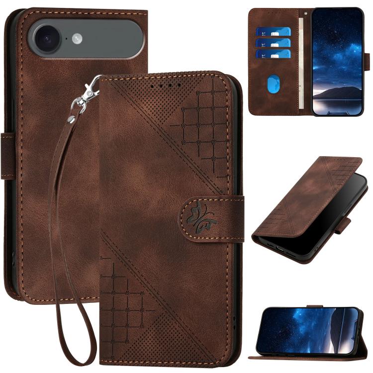 YX0080 Grid Butterfly Embossed Pattern Flip Leather Phone Case with Lanyard, For iPhone 17 Pro Max, For iPhone 17 Pro, For iPhone 17, For iPhone 17 Air