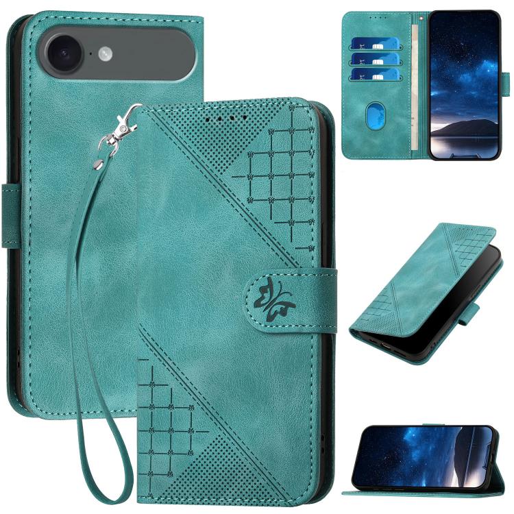 YX0080 Grid Butterfly Embossed Pattern Flip Leather Phone Case with Lanyard, For iPhone 17 Pro Max, For iPhone 17 Pro, For iPhone 17, For iPhone 17 Air
