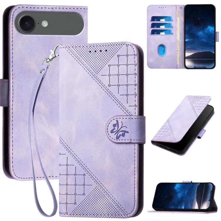 YX0080 Grid Butterfly Embossed Pattern Flip Leather Phone Case with Lanyard, For iPhone 17 Pro Max, For iPhone 17 Pro, For iPhone 17, For iPhone 17 Air