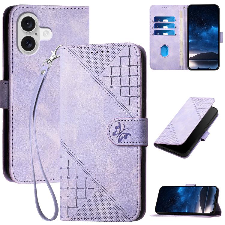 YX0080 Grid Butterfly Embossed Pattern Flip Leather Phone Case with Lanyard, For iPhone 17 Pro Max, For iPhone 17 Pro, For iPhone 17, For iPhone 17 Air
