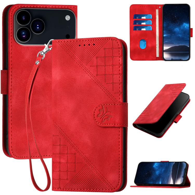 YX0080 Grid Butterfly Embossed Pattern Flip Leather Phone Case with Lanyard, For iPhone 17 Pro Max, For iPhone 17 Pro, For iPhone 17, For iPhone 17 Air