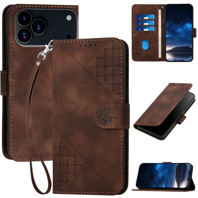 YX0080 Grid Butterfly Embossed Pattern Flip Leather Phone Case with Lanyard, For iPhone 17 Pro Max, For iPhone 17 Pro, For iPhone 17, For iPhone 17 Air