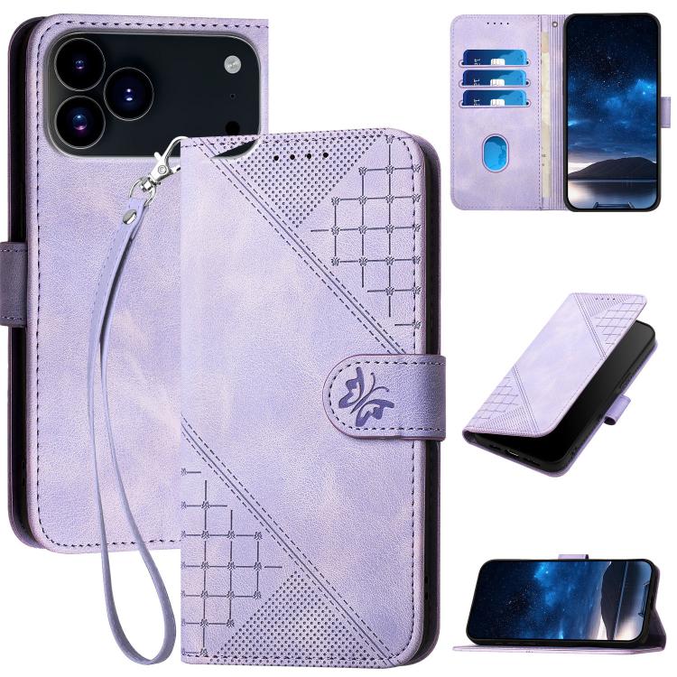 YX0080 Grid Butterfly Embossed Pattern Flip Leather Phone Case with Lanyard, For iPhone 17 Pro Max, For iPhone 17 Pro, For iPhone 17, For iPhone 17 Air