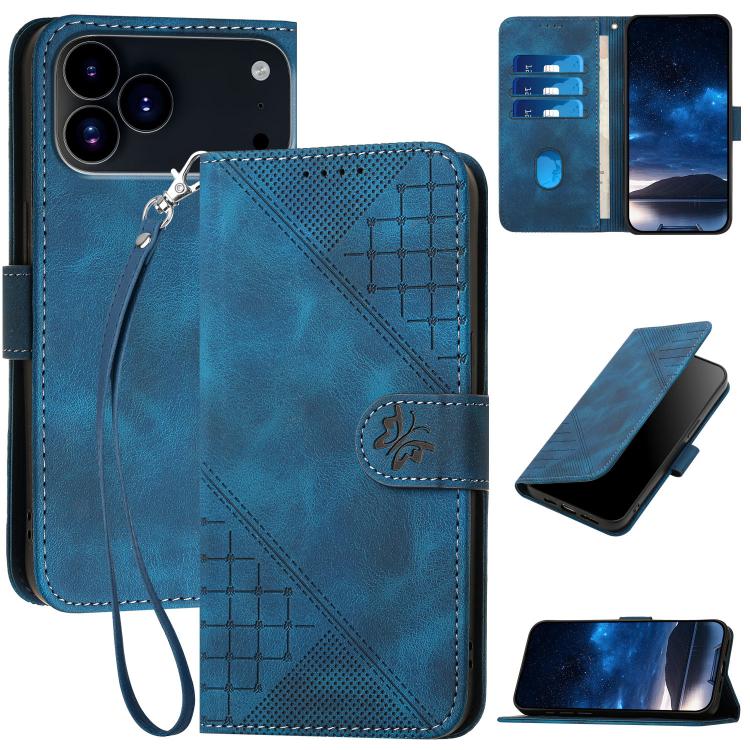 YX0080 Grid Butterfly Embossed Pattern Flip Leather Phone Case with Lanyard, For iPhone 17 Pro Max, For iPhone 17 Pro, For iPhone 17, For iPhone 17 Air