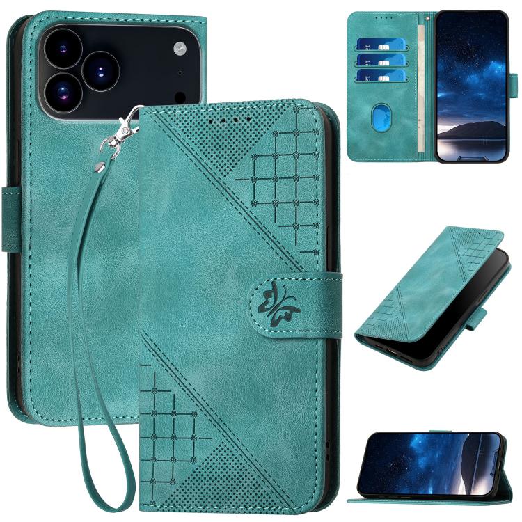 YX0080 Grid Butterfly Embossed Pattern Flip Leather Phone Case with Lanyard, For iPhone 17 Pro Max, For iPhone 17 Pro, For iPhone 17, For iPhone 17 Air