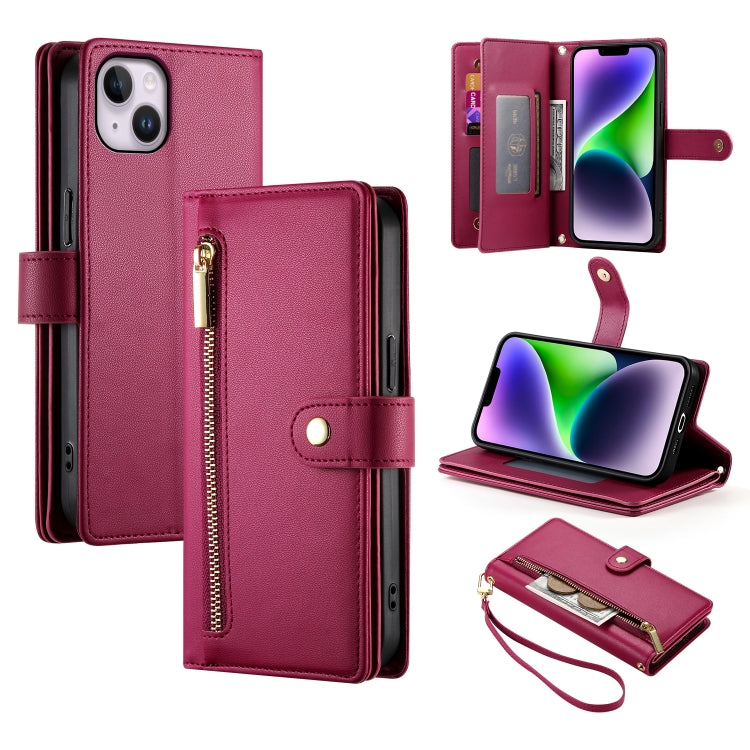 Nine Card-slot Zipper Wallet Bag Leather Phone Case, For iPhone 15, For iPhone 14 Plus, For iPhone 14, For iPhone 14 Pro