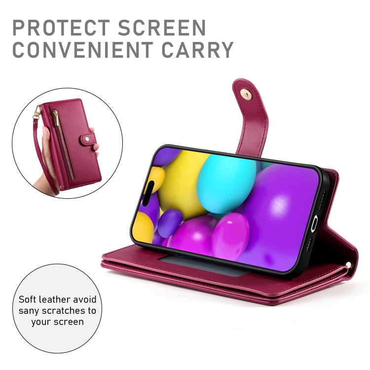 Nine Card-slot Zipper Wallet Bag Leather Phone Case, For iPhone 16, For iPhone 15 Pro Max, For iPhone 15 Pro, For iPhone 15 Plus