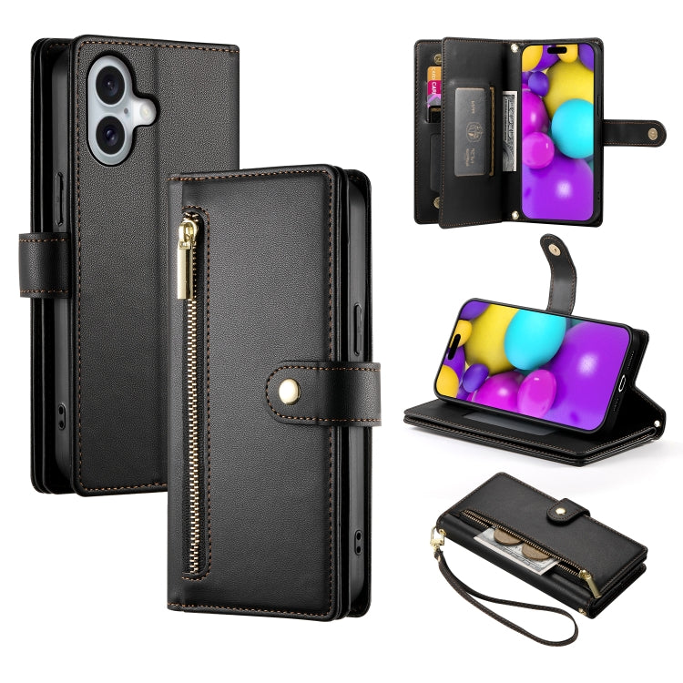 Nine Card-slot Zipper Wallet Bag Leather Phone Case, For iPhone 16e, For iPhone 16 Pro Max, For iPhone 16 Pro, For iPhone 16 Plus