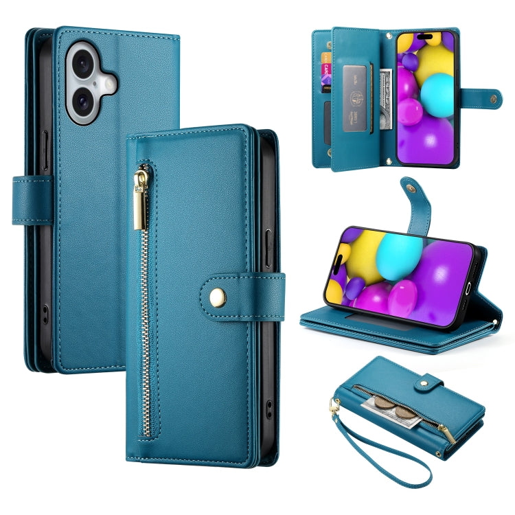 Nine Card-slot Zipper Wallet Bag Leather Phone Case, For iPhone 16e, For iPhone 16 Pro Max, For iPhone 16 Pro, For iPhone 16 Plus
