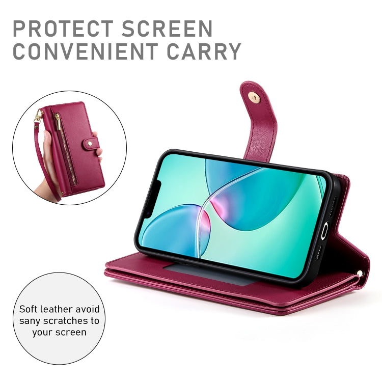 Nine Card-slot Zipper Wallet Bag Leather Phone Case, For iPhone 16e, For iPhone 16 Pro Max, For iPhone 16 Pro, For iPhone 16 Plus