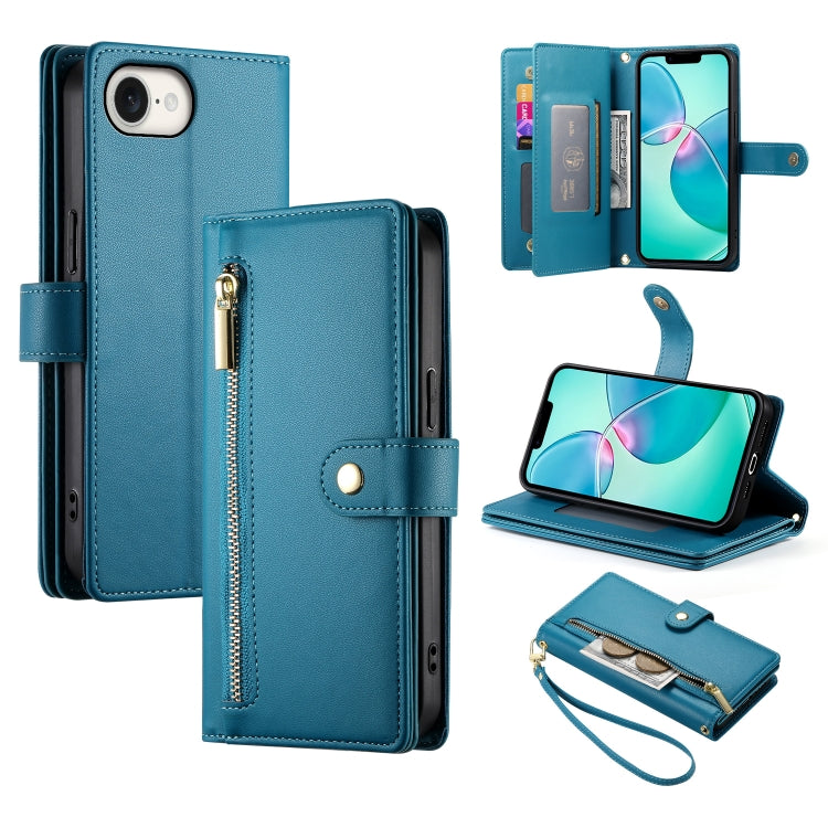 Nine Card-slot Zipper Wallet Bag Leather Phone Case, For iPhone 16e, For iPhone 16 Pro Max, For iPhone 16 Pro, For iPhone 16 Plus