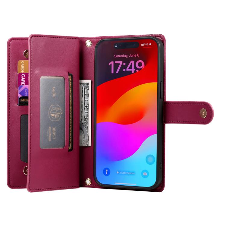 Nine Card-slot Zipper Wallet Bag Leather Phone Case, For iPhone 16e, For iPhone 16 Pro Max, For iPhone 16 Pro, For iPhone 16 Plus