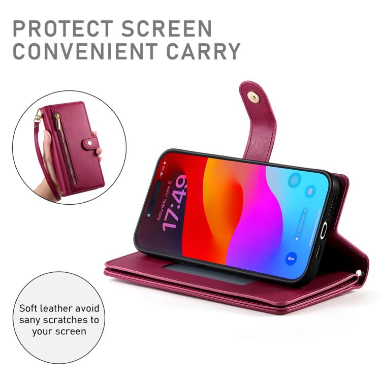 Nine Card-slot Zipper Wallet Bag Leather Phone Case, For iPhone 16e, For iPhone 16 Pro Max, For iPhone 16 Pro, For iPhone 16 Plus