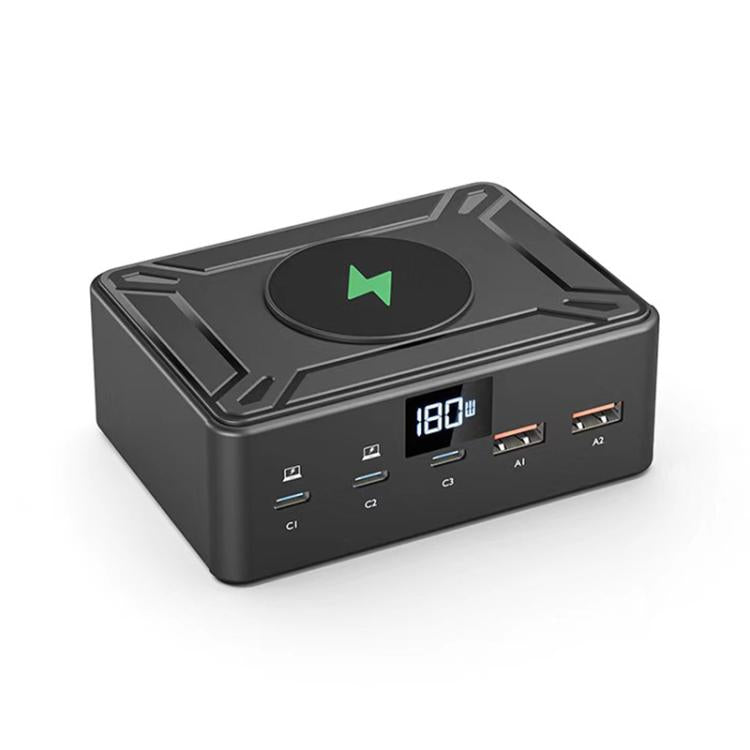 190W LED Display 3 x Type-C + 2 x USB Multi Ports Charger Support QI Wireless Charging, 190W
