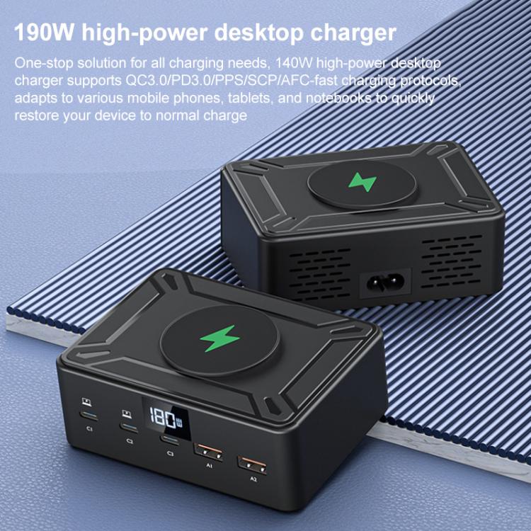 190W LED Display 3 x Type-C + 2 x USB Multi Ports Charger Support QI Wireless Charging