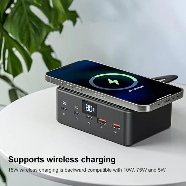190W LED Display 3 x Type-C + 2 x USB Multi Ports Charger Support QI Wireless Charging