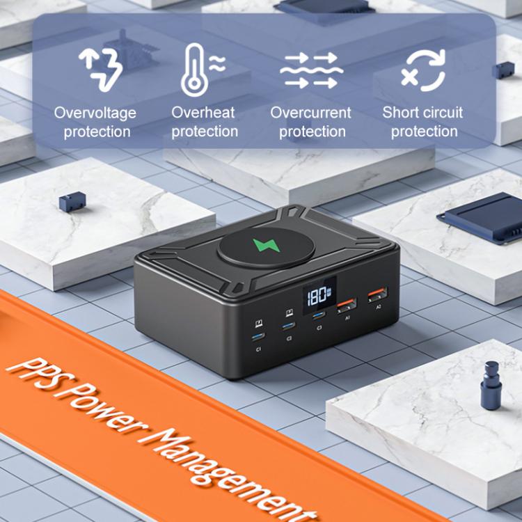 190W LED Display 3 x Type-C + 2 x USB Multi Ports Charger Support QI Wireless Charging