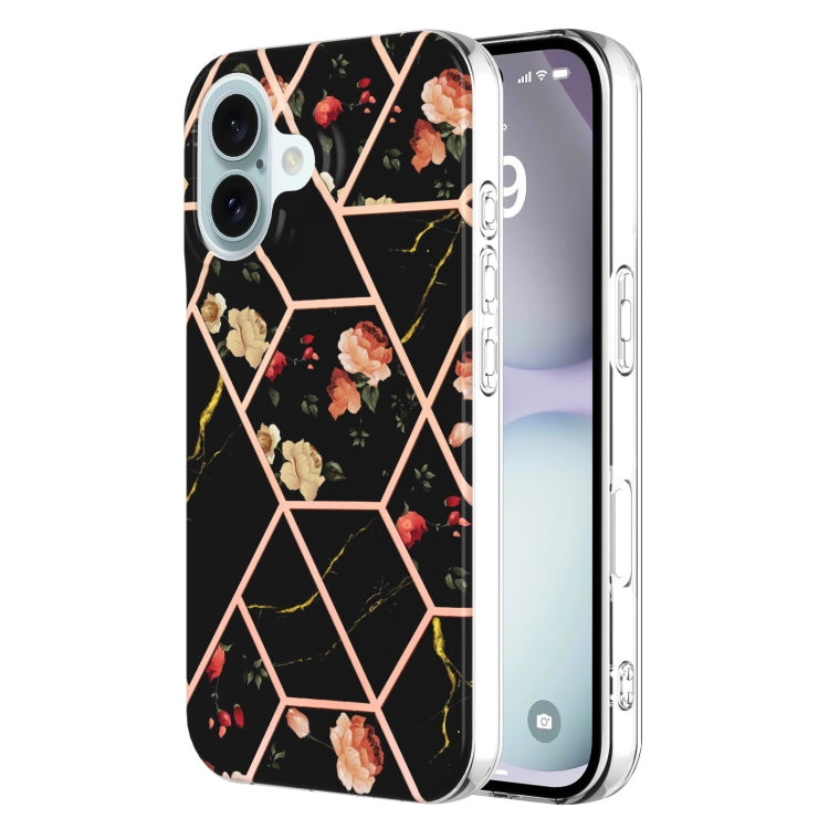 Splicing Marble Flower IMD TPU Phone Case, For iPhone 16 Pro Max, For iPhone 16 Pro, For iPhone 16 Plus, For iPhone 16