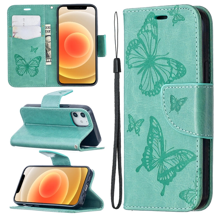 Embossing Two Butterflies Pattern Horizontal Flip PU Leather Case with Holder & Card Slot & Wallet & Lanyard, For iPhone 12 mini, For iPhone 12 / 12 Pro, For iPhone 12 Pro Max, For Samsung Galaxy Note20