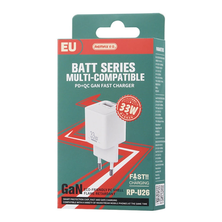 REMAX RP-U26 33W USB+USB-C / Type-C GaN Fast Charging Charger, EU Plug, UK Plug