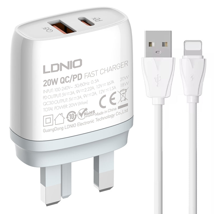 LDNIO Q229 QC3.0 / PD20W USB + Type-C Fast Charger with 1m USB to 8 Pin Cable, EU Plug, UK Plug, US Plug