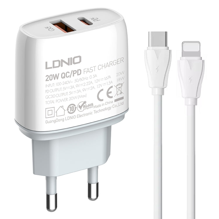 LDNIO Q229 QC3.0 / PD20W USB + Type-C Fast Charger with 1m Type-C to 8 Pin Cable, EU Plug, UK Plug, US Plug