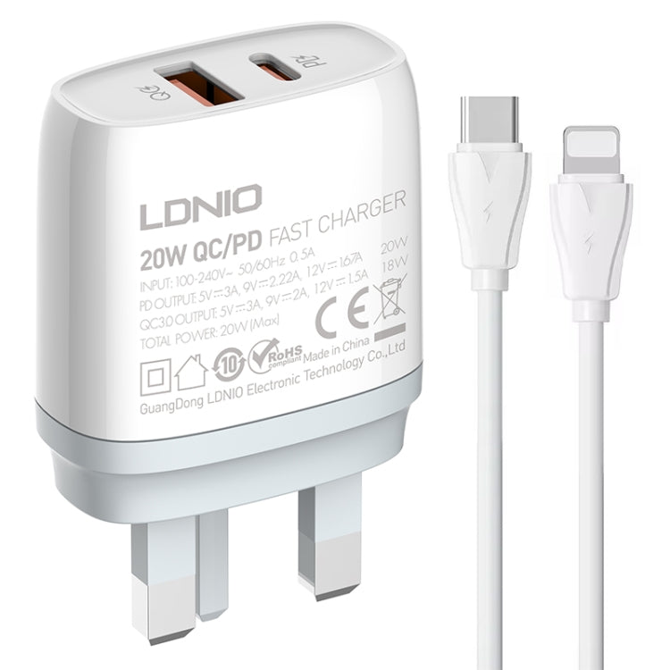 LDNIO Q229 QC3.0 / PD20W USB + Type-C Fast Charger with 1m Type-C to 8 Pin Cable, EU Plug, UK Plug, US Plug