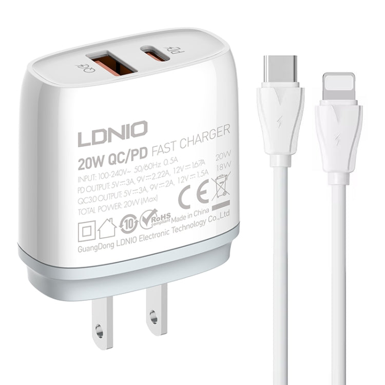 LDNIO Q229 QC3.0 / PD20W USB + Type-C Fast Charger with 1m Type-C to 8 Pin Cable, EU Plug, UK Plug, US Plug