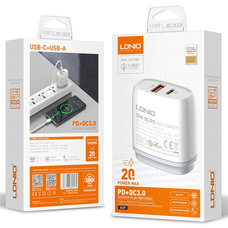 LDNIO Q229 QC3.0 / PD20W USB + Type-C Fast Charger with 1m Type-C to 8 Pin Cable, EU Plug, UK Plug, US Plug