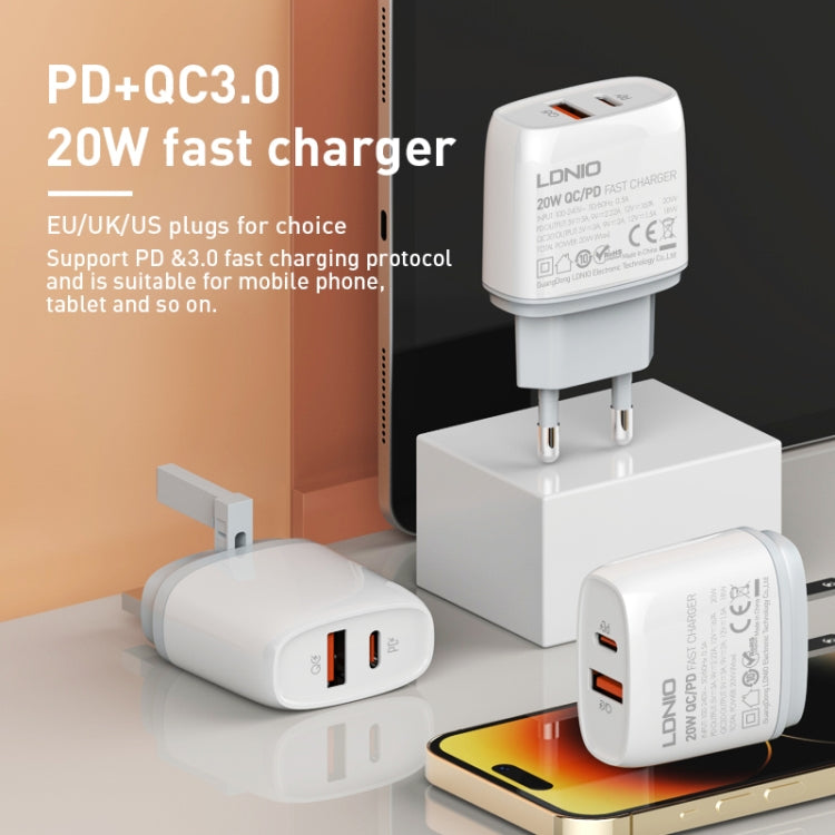 LDNIO Q229 QC3.0 / PD20W USB + Type-C Fast Charger with 1m Type-C to 8 Pin Cable, EU Plug, UK Plug, US Plug