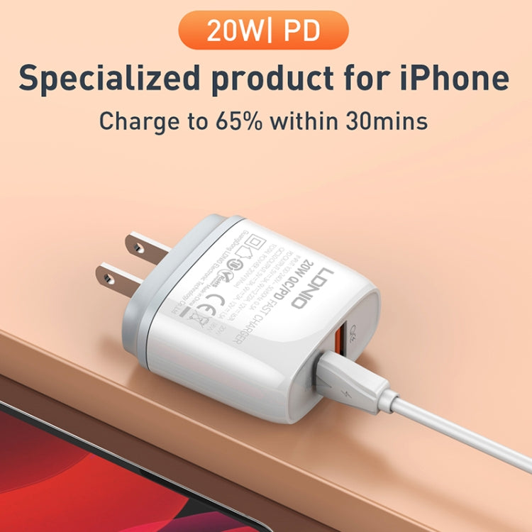 LDNIO Q229 QC3.0 / PD20W USB + Type-C Fast Charger with 1m Type-C to 8 Pin Cable, EU Plug, UK Plug, US Plug