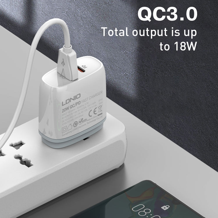 LDNIO Q229 QC3.0 / PD20W USB + Type-C Fast Charger with 1m Type-C to 8 Pin Cable, EU Plug, UK Plug, US Plug