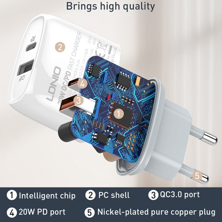 LDNIO Q229 QC3.0 / PD20W USB + Type-C Fast Charger with 1m Type-C to 8 Pin Cable, EU Plug, UK Plug, US Plug
