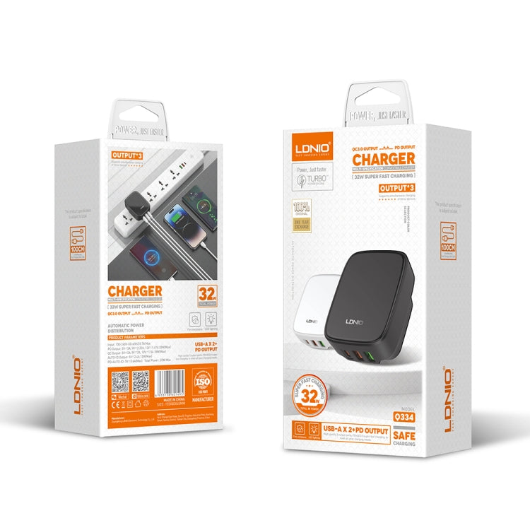 LDNIO Q334 32W Type-C + Dual USB Port Charger with 1m 8 Pin Data Cable, EU Plug, UK Plug, US Plug
