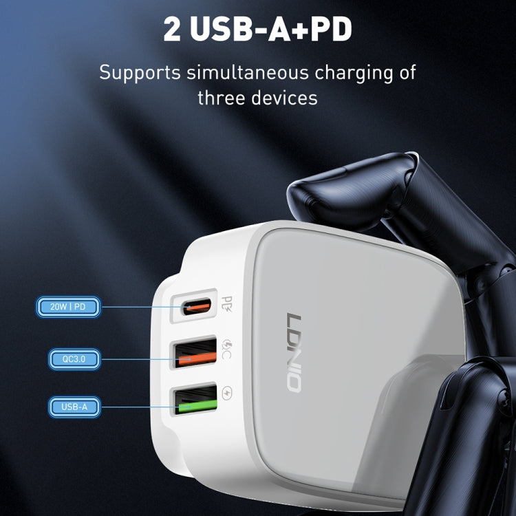 LDNIO Q334 32W Type-C + Dual USB Port Charger with 1m 8 Pin Data Cable, EU Plug, UK Plug, US Plug