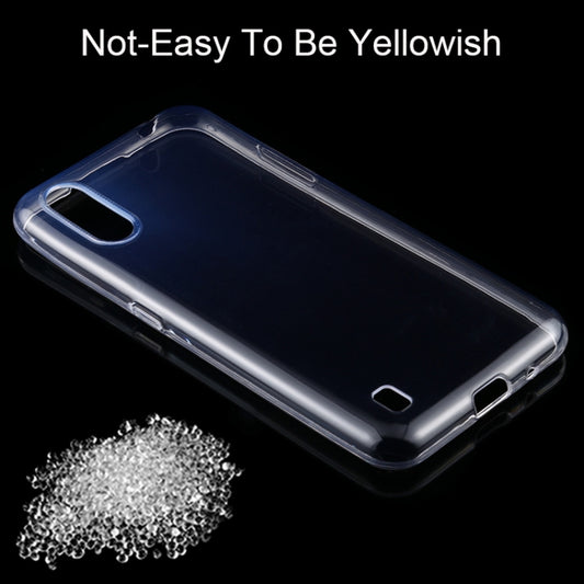 Ultra-slim transparent phone case in-use on Samsung Galaxy M01 with full visibility
