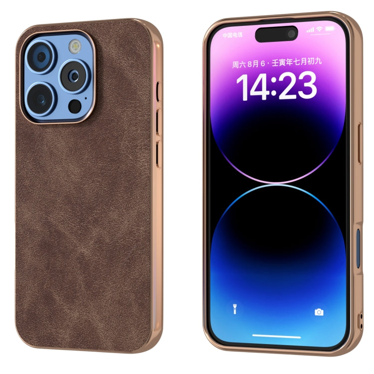 Electroplated Frame PU Leather Full Coverage Phone Case, For iPhone 16 Pro Max, For iPhone 16 Pro, For iPhone 16 Plus, For iPhone 16