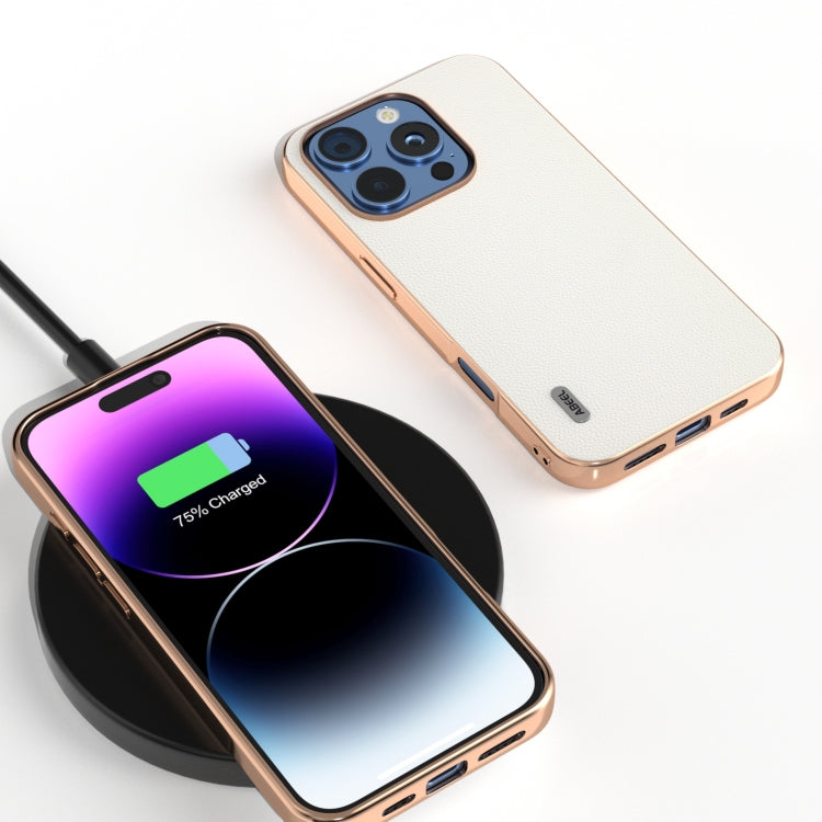ABEEL Electroplated Frame Genuine Leather Elegant Phone Case, For iPhone 16 Pro Max, For iPhone 16 Pro, For iPhone 16 Plus, For iPhone 16
