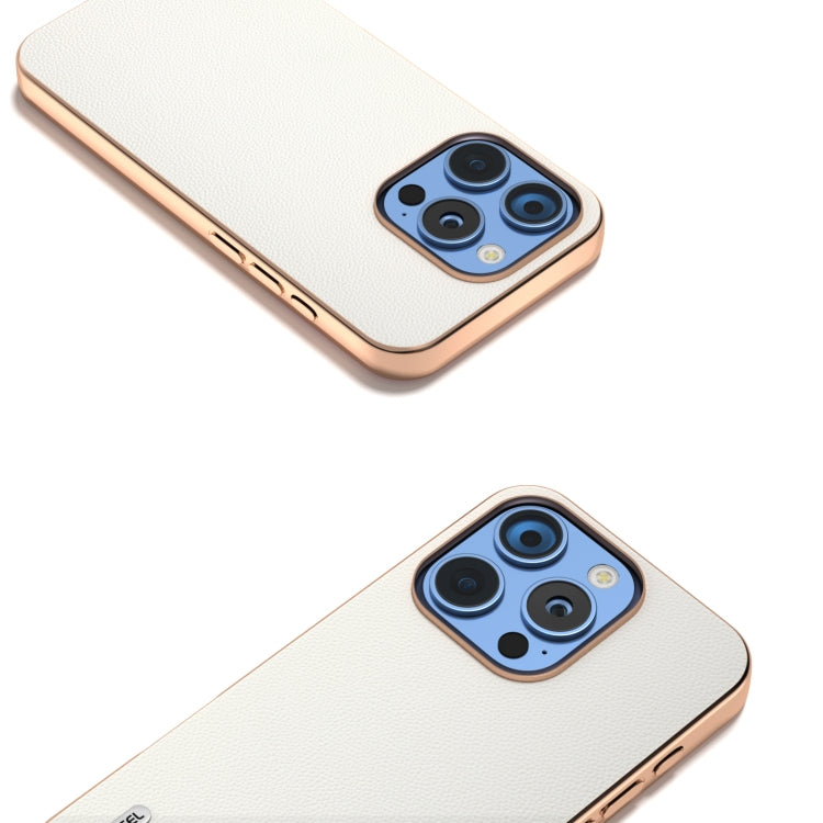 ABEEL Electroplated Frame Genuine Leather Elegant Phone Case, For iPhone 16 Pro Max, For iPhone 16 Pro, For iPhone 16 Plus, For iPhone 16